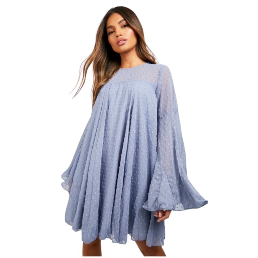 NWT Women’s Dobby Mesh Long Sleeve Flowy Blue Boho Dress Sz 12/ large - Picture 1 of 5